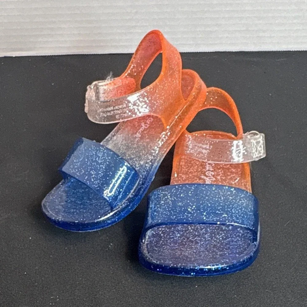 Girls Glitter Strappy Open Toe Sandals Buckle Plastic Blue/Orange/Clear 5